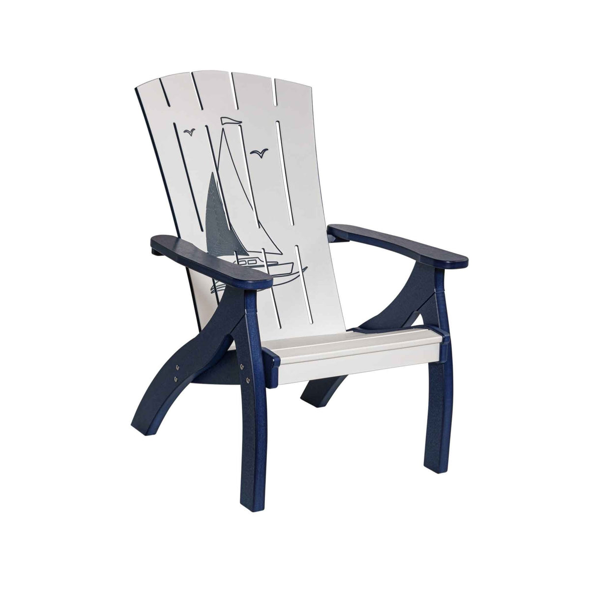 Navy trimmed white Adirondack chair with an engraved sailboat and gulls on the slatted back