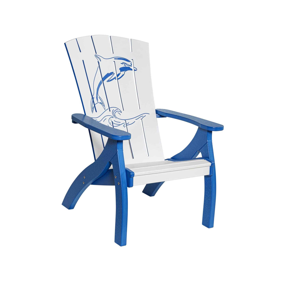 Royal blue and white Adirondack chair engraved with leaping dolphins and waves on the slatted back