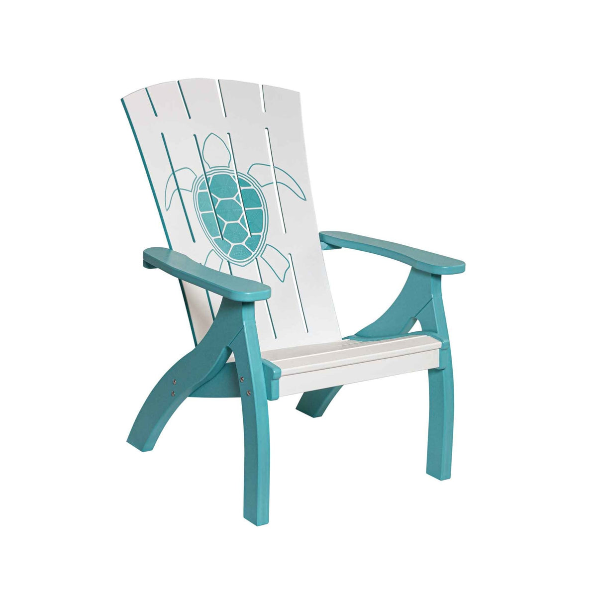 Teal and white poly Adirondack chair with a carved sea turtle on the fan back, curved legs and wide arms