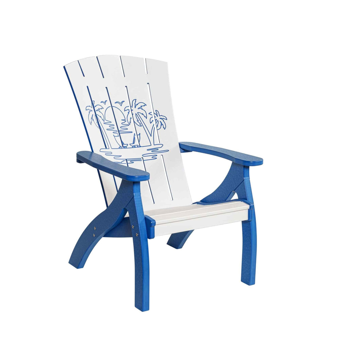 Blue and white poly Adirondack chair with an engraved palm tree beach sunset on the tall back