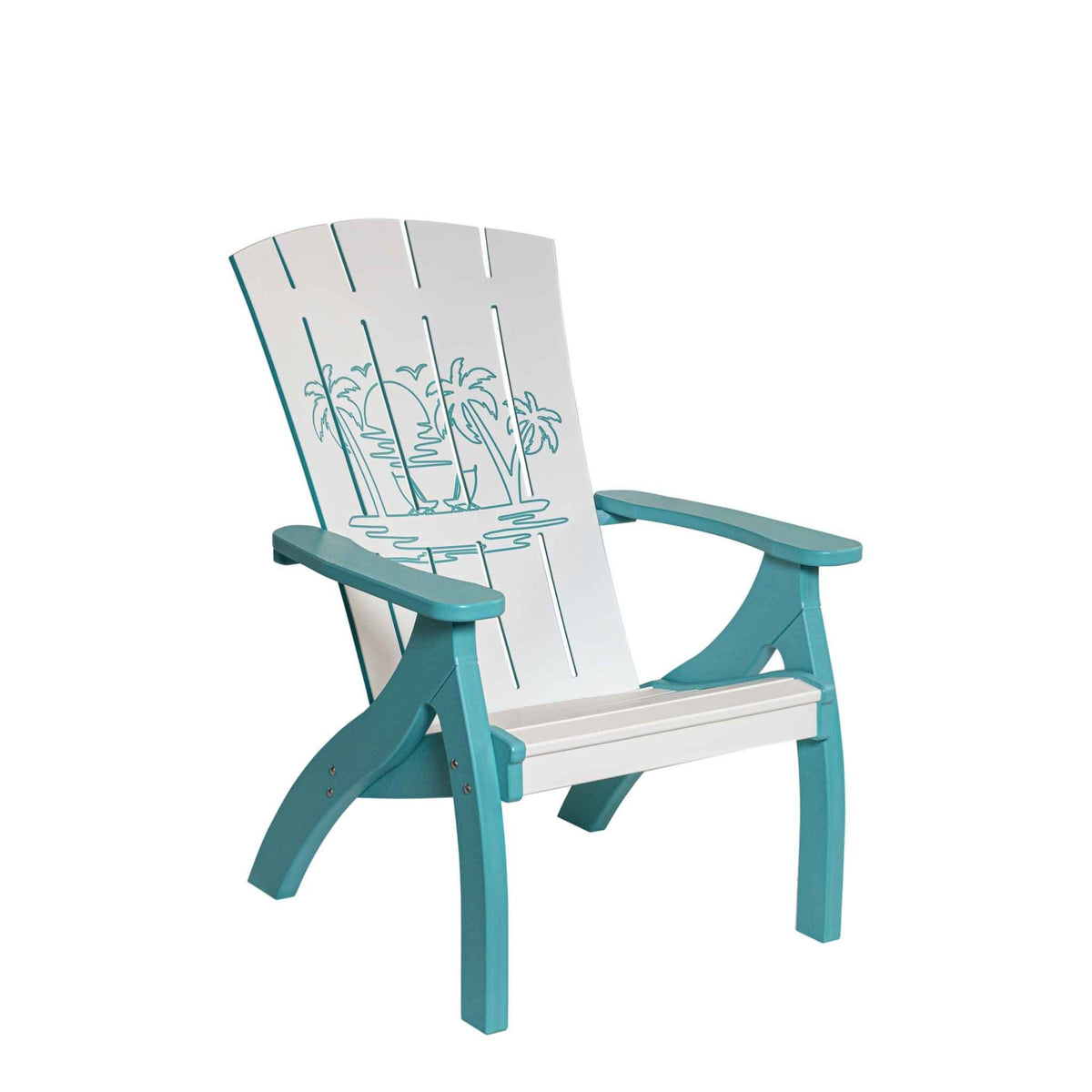 Aqua and white Adirondack chair engraved with palm trees and a shoreline on the tall slatted back