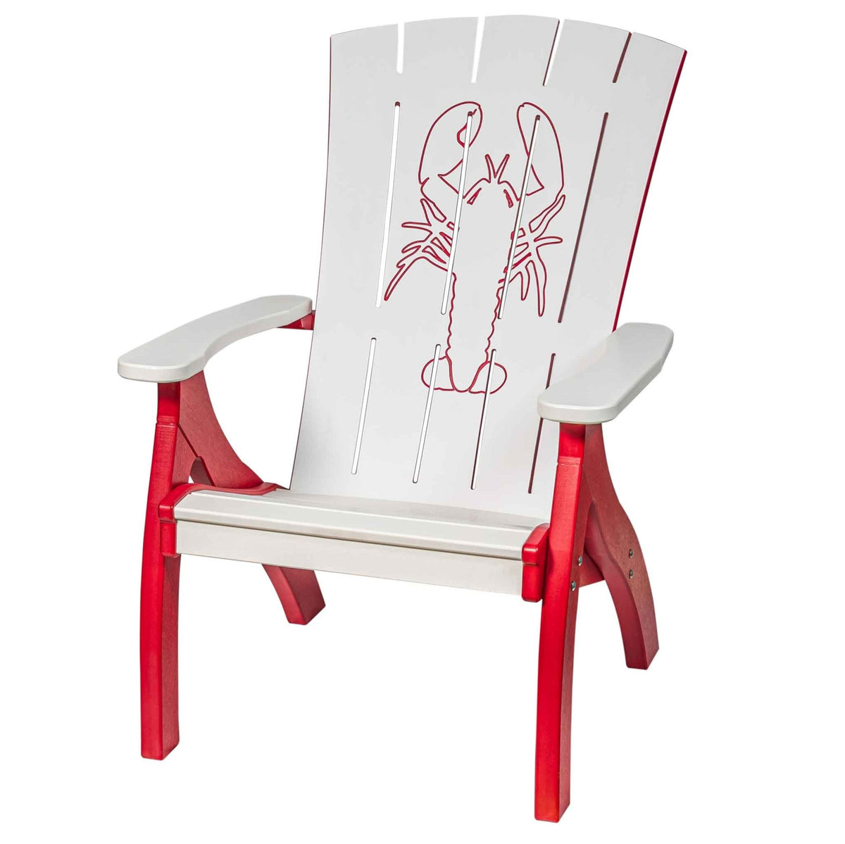 White and red Adirondack chair with an engraved lobster on the slatted back, flat arms and red legs
