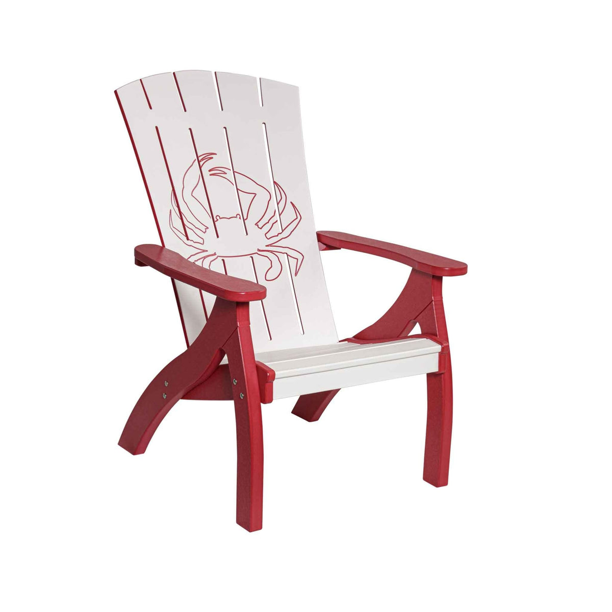 Red and white Adirondack style chair with a carved crab motif on the back, sculpted arms and red legs