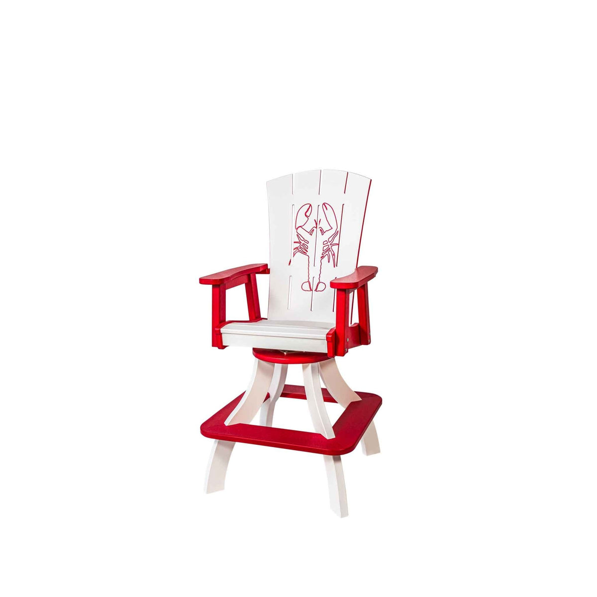Red and white poly swivel bar chair with a lobster engraving on the back, arms and a square foot platform