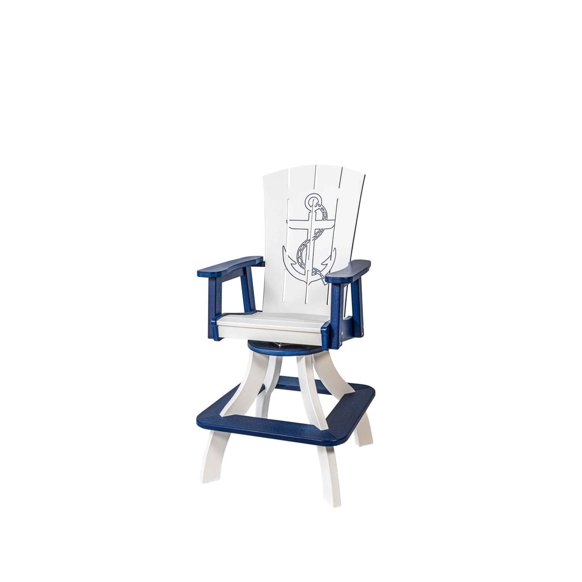 Navy and white swivel bar chair with an engraved anchor on the back, wide arms and square footrest
