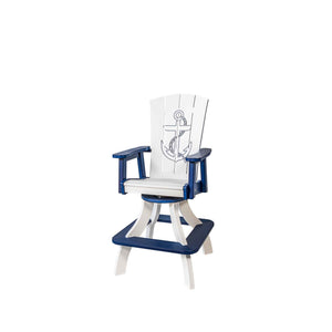 Navy and white swivel bar chair with an engraved anchor on the back, wide arms and square footrest