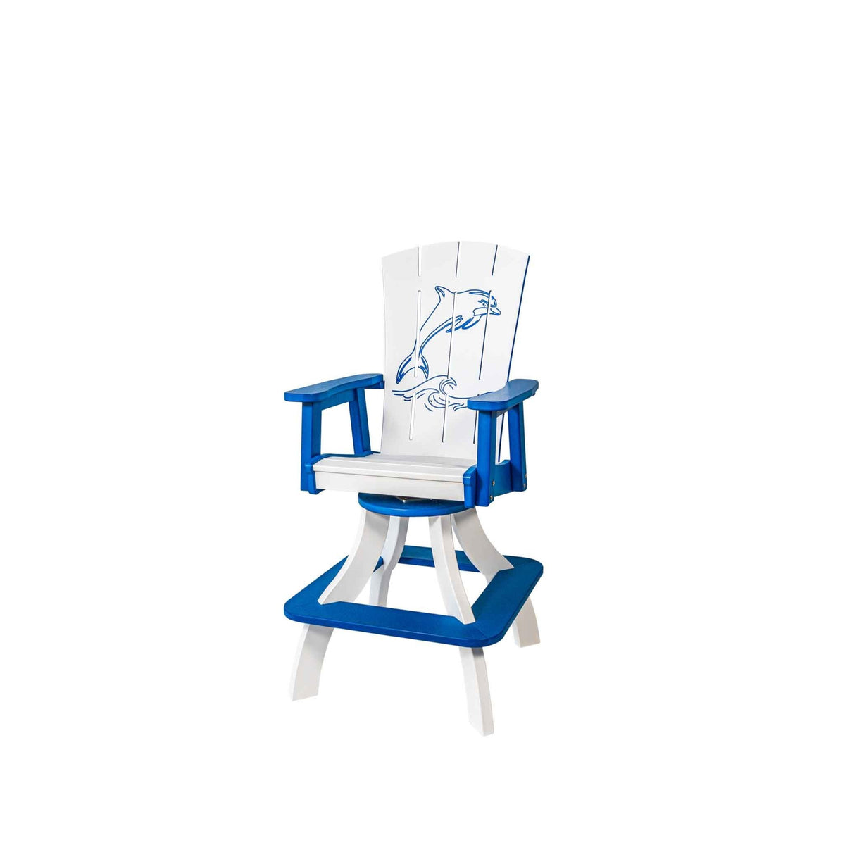Blue and white swivel bar height chair engraved with a dolphin and wave design, on a flared footrest base