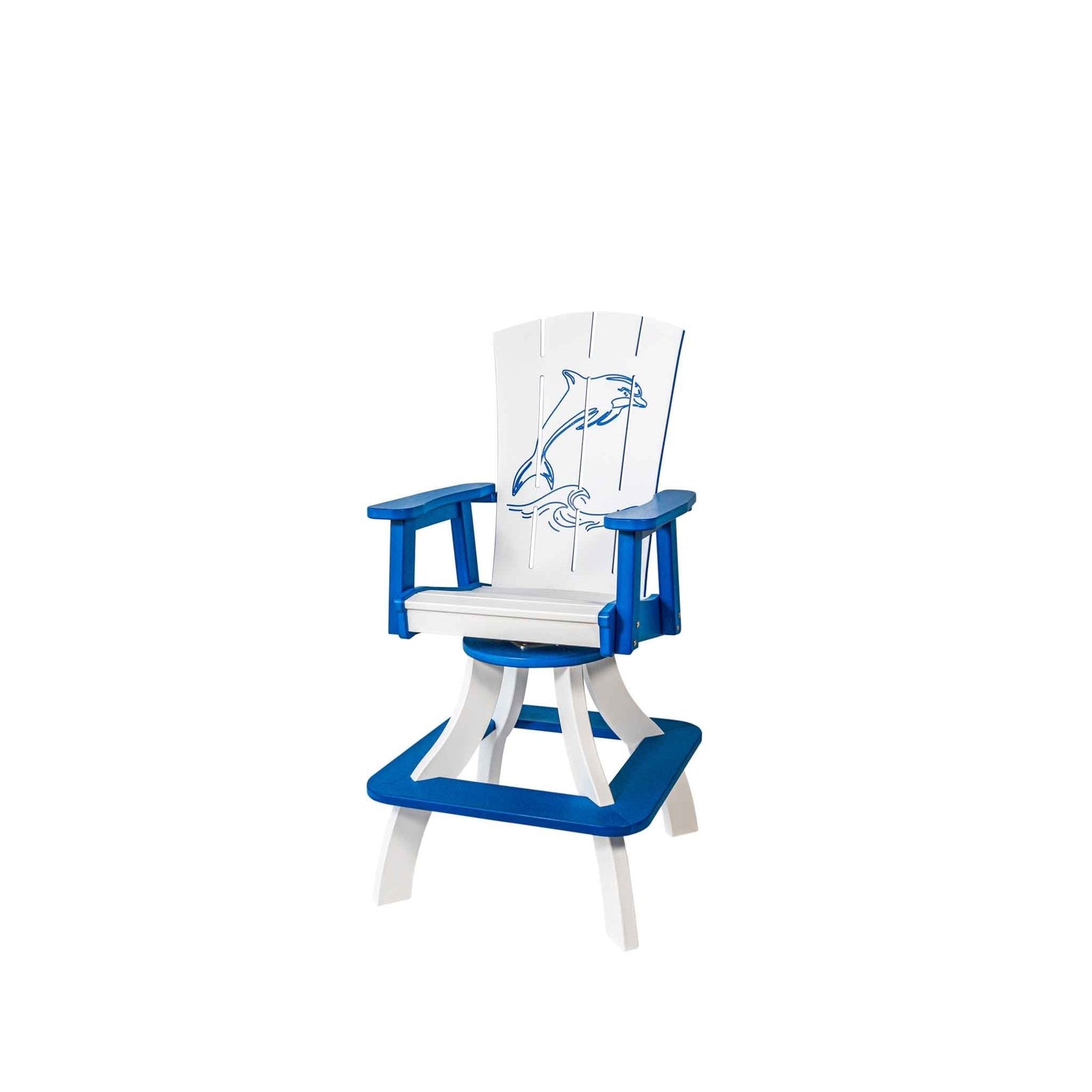 Teal and white swivel bar chair with a lighthouse engraving on the back, arms and square footrest base