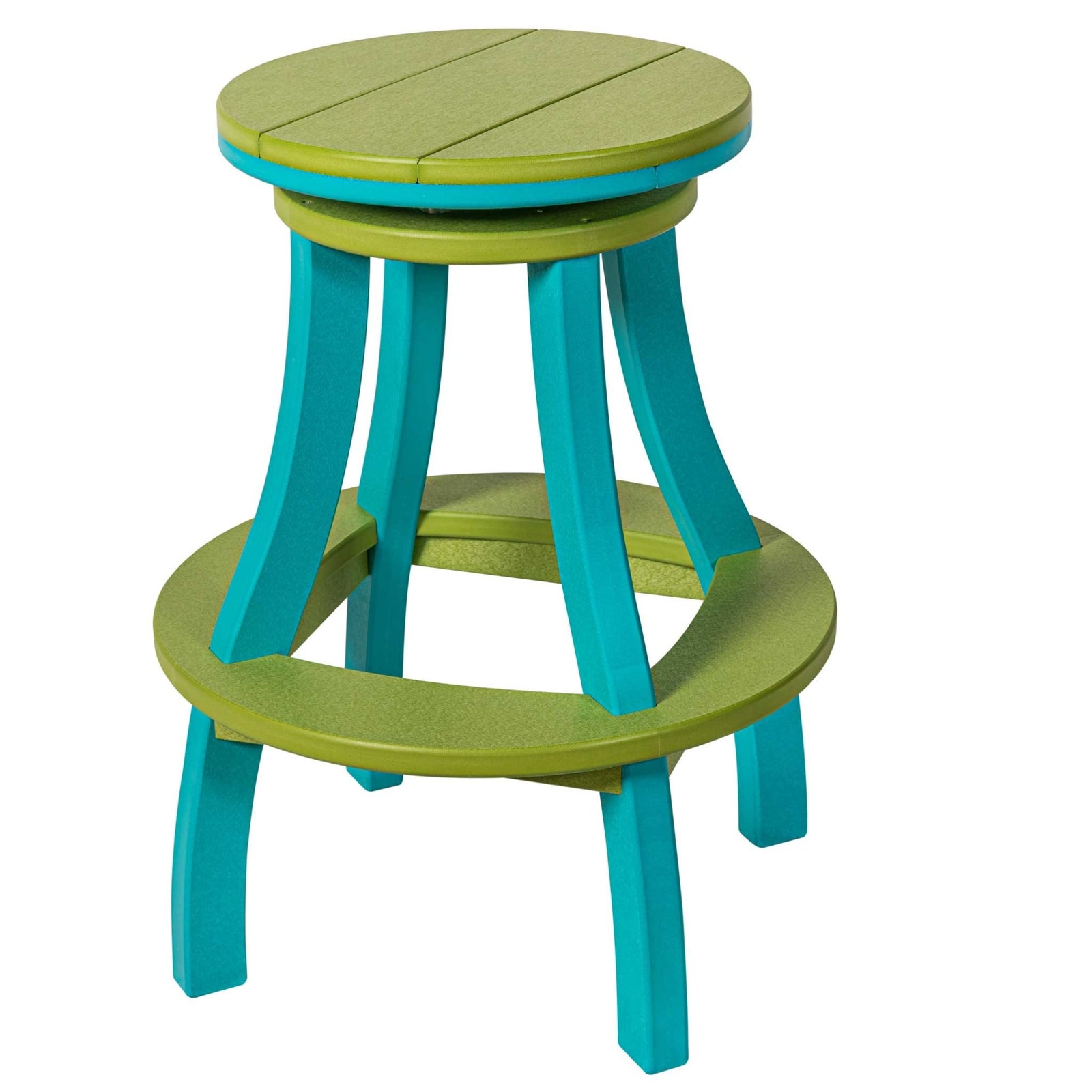 Lime green and turquoise round poly bar stool with a swivel top and a green footrest ring on splayed legs