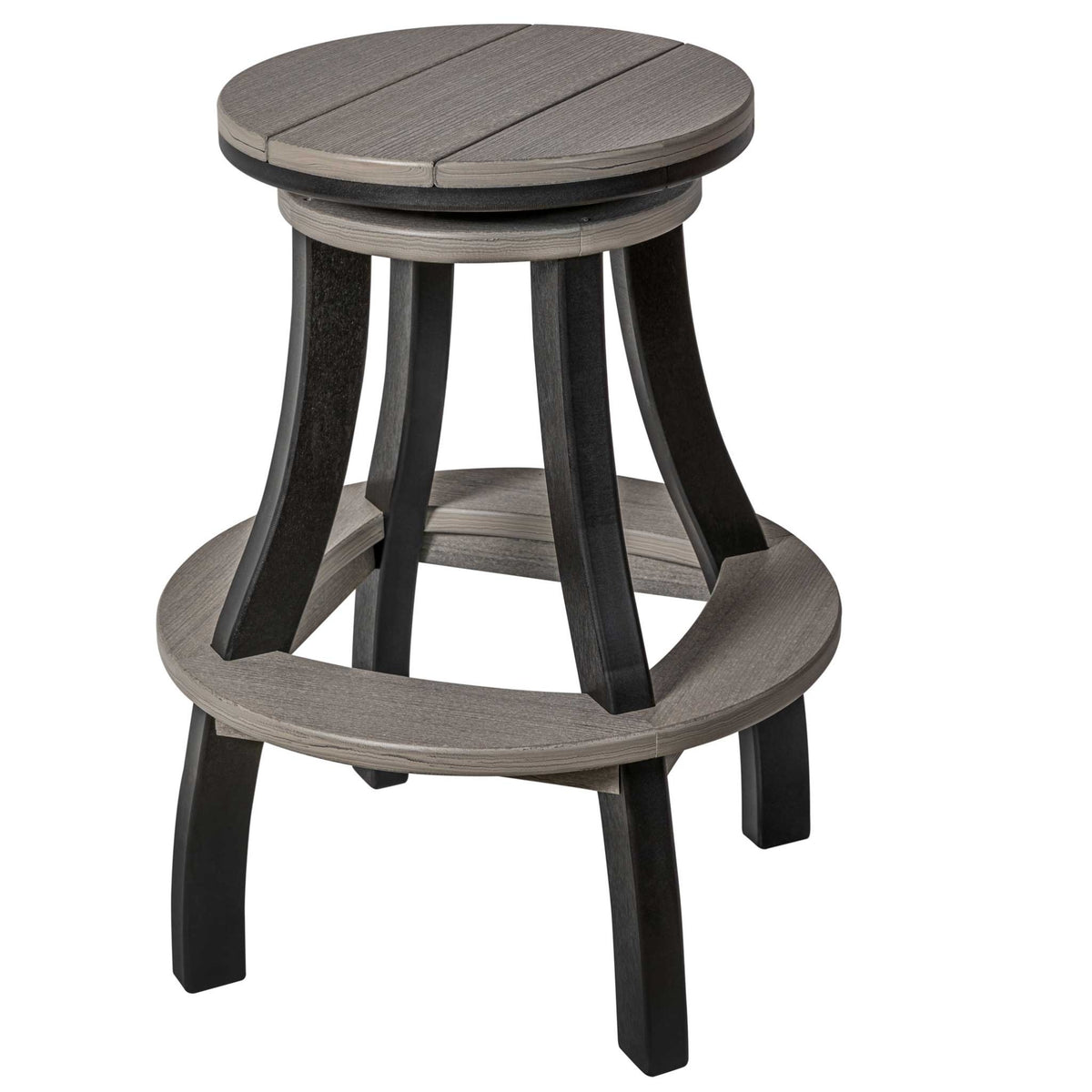 Coastal gray and black round poly bar stool with a swivel seat and matching gray footrest ring