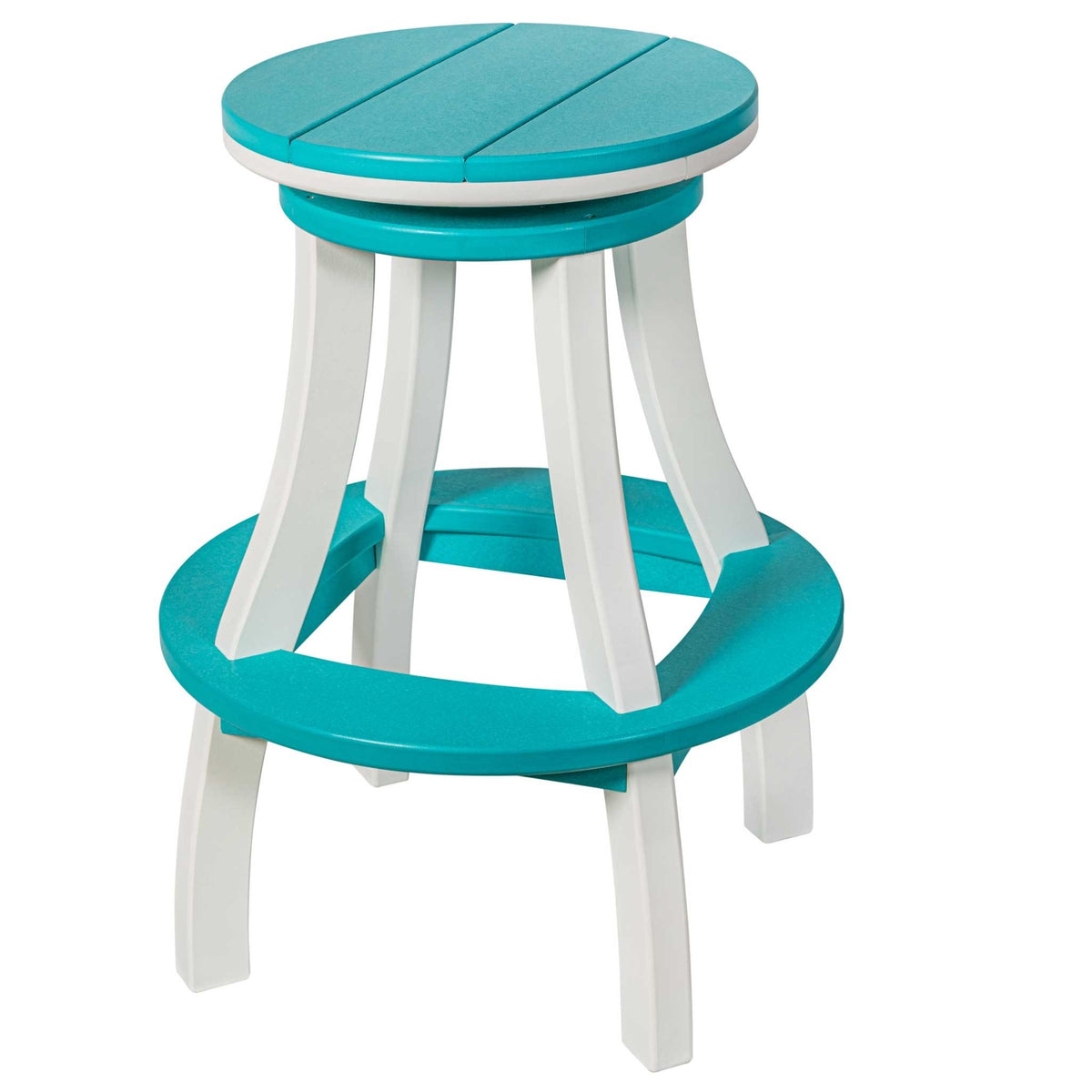 Turquoise and white poly swivel bar stool with a round seat, splayed legs and aqua footrest ring