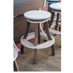 Weatherwood and brown round swivel bar stool with a curved footrest, standing beside a poly boat bar