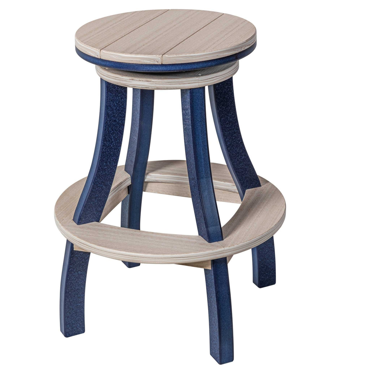 Weatherwood topped swivel bar stool with bright blue legs and a light footrest ring on white