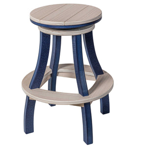 Weatherwood topped swivel bar stool with bright blue legs and a light footrest ring on white