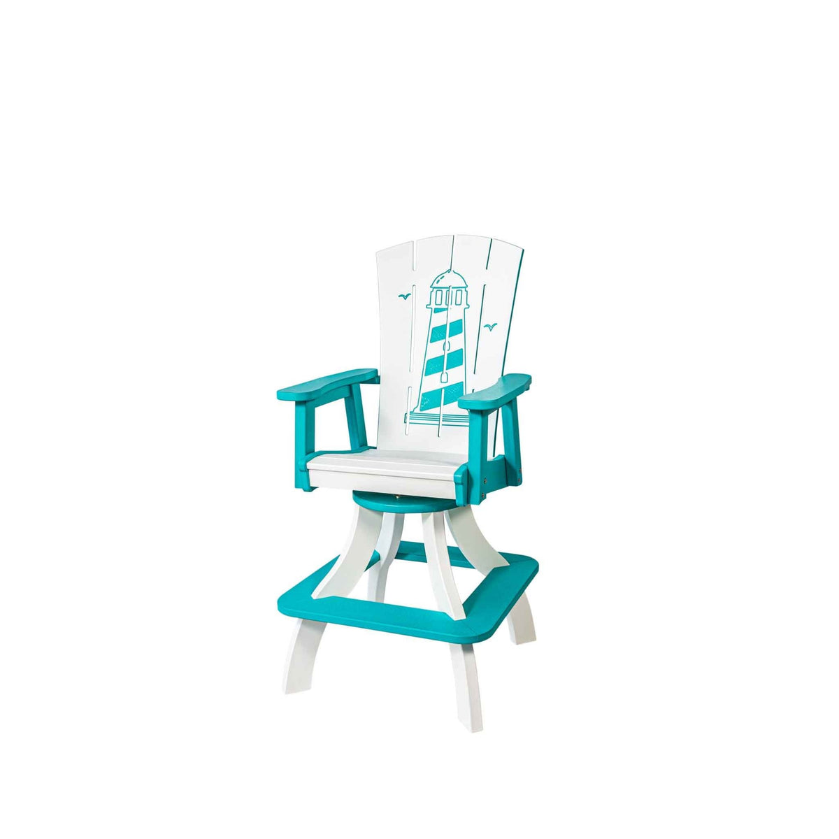 Aqua and white swivel counter chair with a lighthouse engraving on the back and a square base