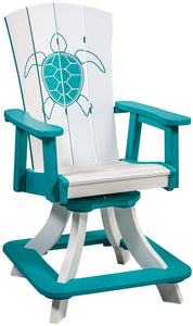 Dockside poly swivel counter chair, white & aruba blue with turtle engraving, product shot