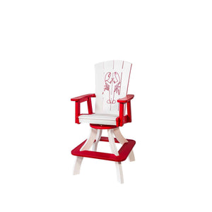 Red and white swivel counter chair with a lobster engraving on the plank back and shaped arms