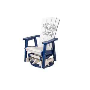 Navy and white swivel glider chair engraved with a palm tree beach scene on the tall plank back