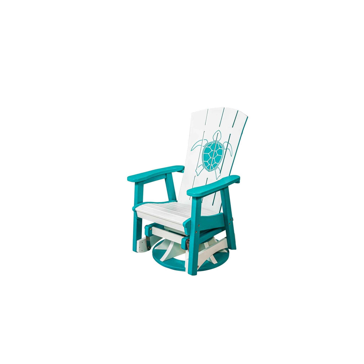White and teal single swivel glider with a carved sea turtle back, wide arms and a round gliding base