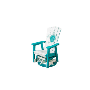 White and teal single swivel glider with a carved sea turtle back, wide arms and a round gliding base