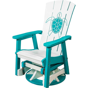 Turquoise and white swivel glider chair with a sea turtle engraved on the tall back and round base