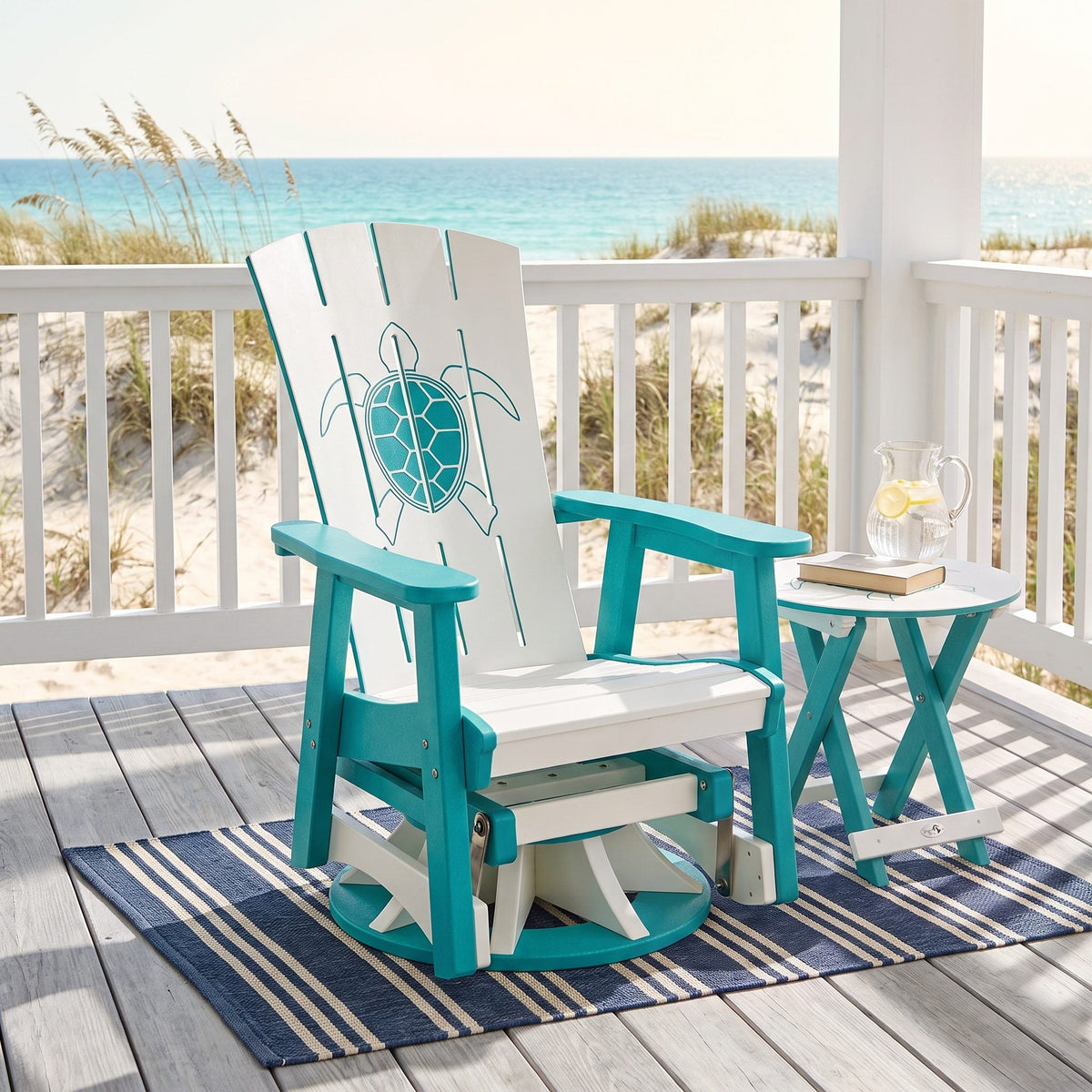 Dockside poly swivel glider with folding end table, aruba blue & white with turtle engraving, beach porch - lifestyle (other pieces sold separately)