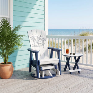 Dockside poly swivel glider, patriot blue & white with sunset engraving, beach porch - lifestyle (other pieces sold separately)