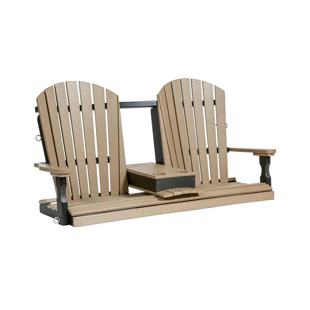 Weatherwood and black poly fan back porch swing with the center console lowered into a cup holder tray, on white