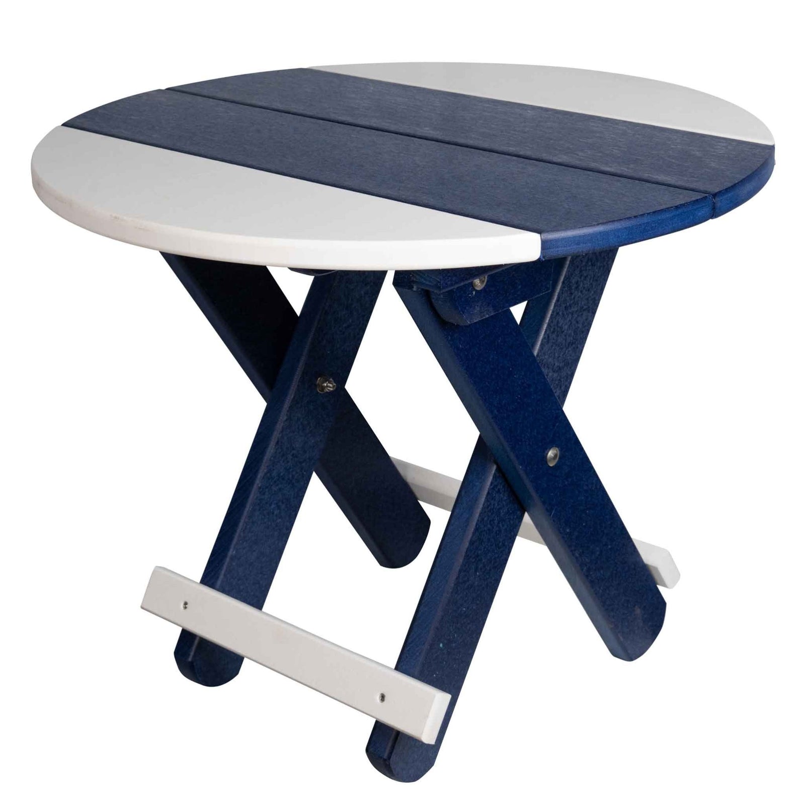 Small round folding end table in navy and white poly with crossed folding legs and a white brace