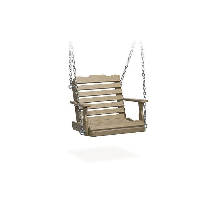 Weatherwood poly child's porch swing with slatted back, small arms and chain hangers on a white background