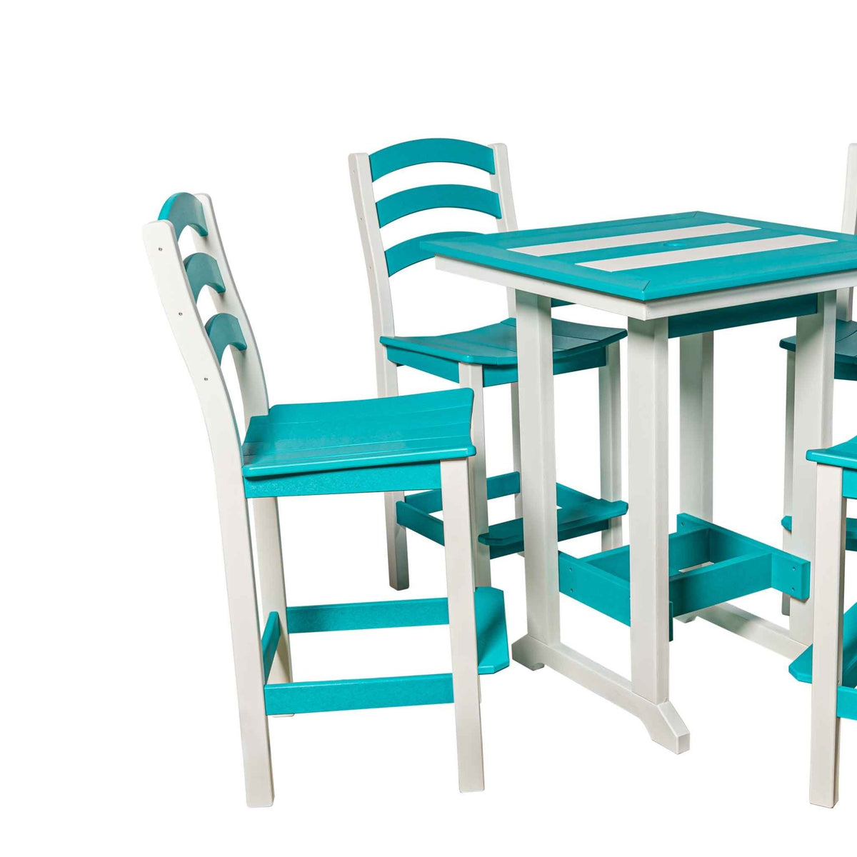 Aqua and white ladder back counter chairs around a matching square poly pub table with striped top