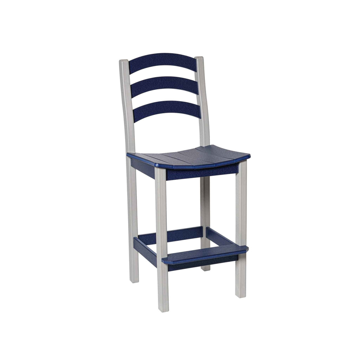 Gray framed navy ladder back bar height chair in recycled poly with a contoured seat and foot rail