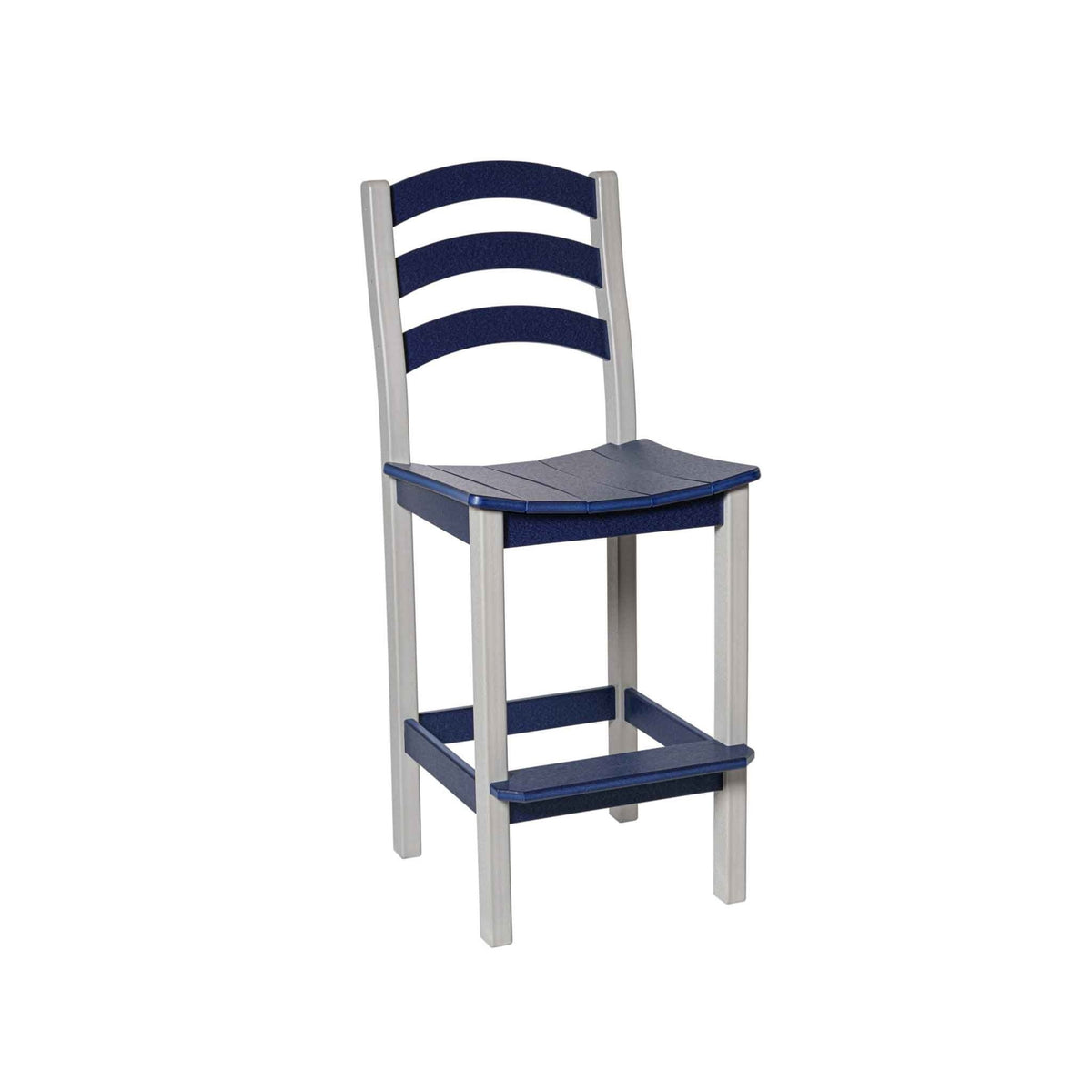 Navy and gray poly bar chair with three curved ladder back slats, a scooped seat and square footrest