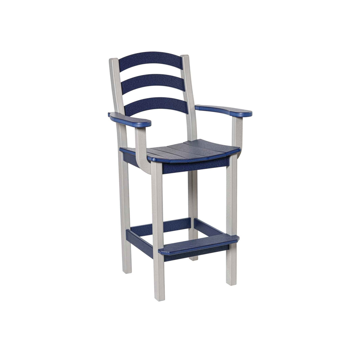 Navy and gray bar height chair with arms, three curved back slats and a square poly footrest