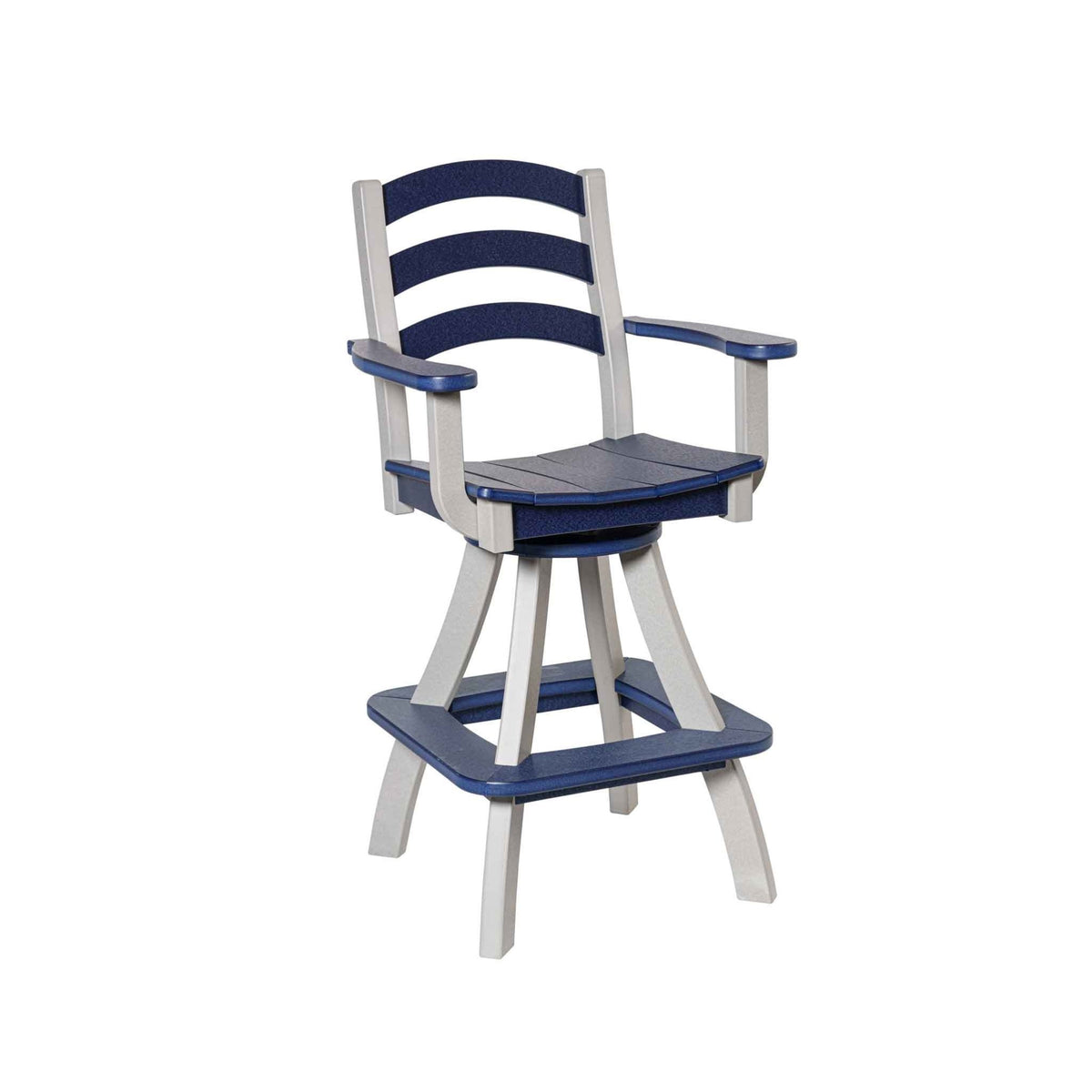 Navy and gray swivel bar chair with arms, ladder back slats and a flared base with square footrest