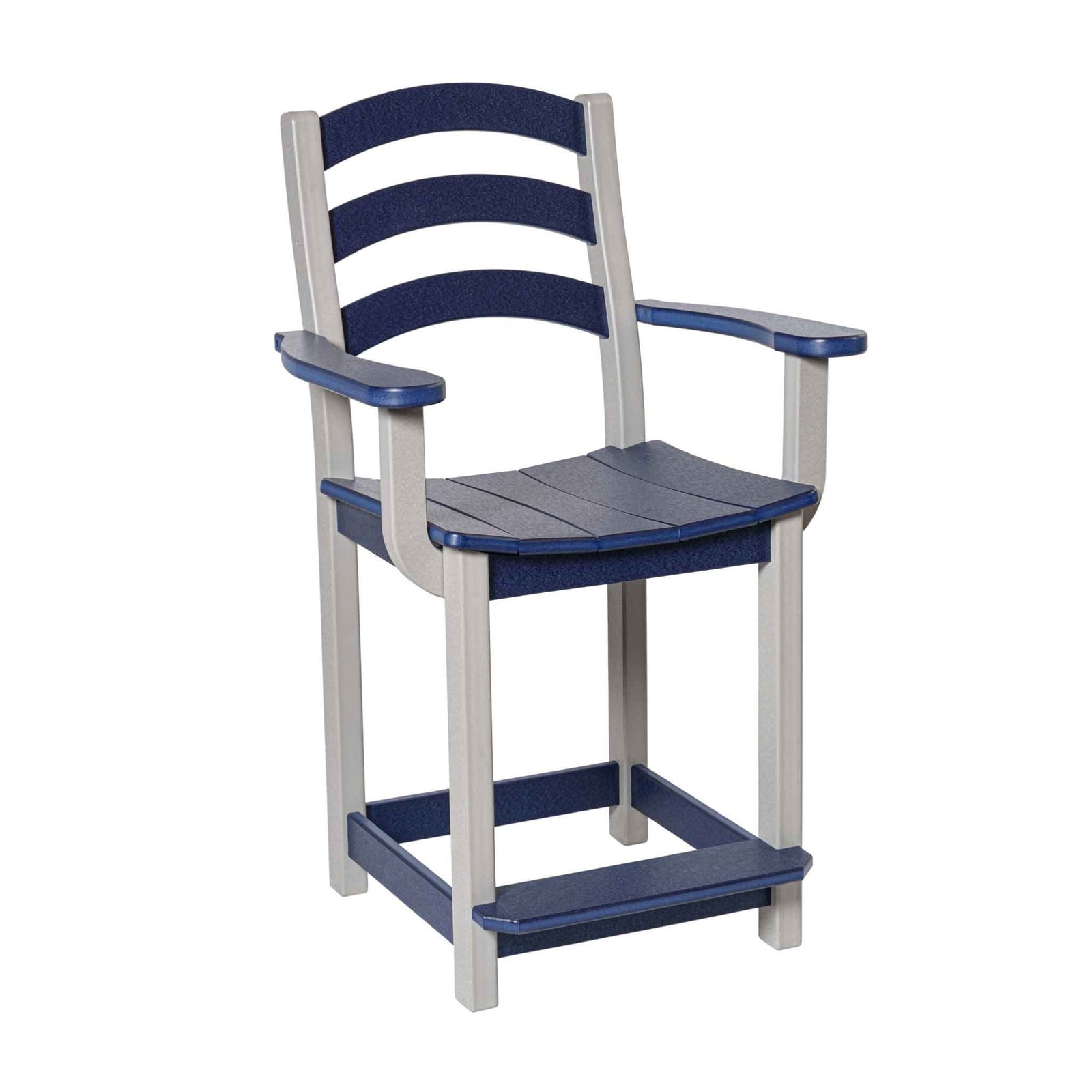 Navy and gray counter height chair with arms, three curved back slats and a square poly footrest