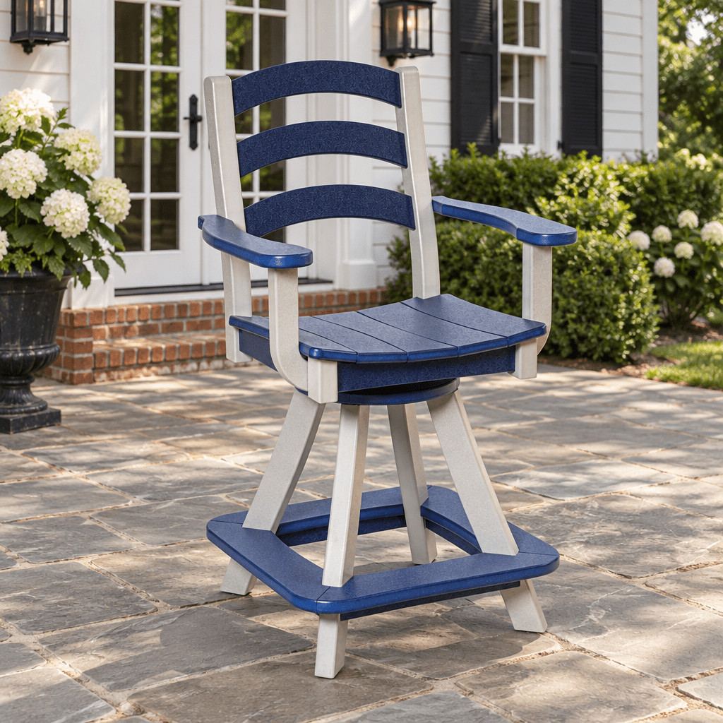 Amish Poly Patio Long Beach Counter Swivel Chair with Arms shown in the back patio of a traditional colonial home