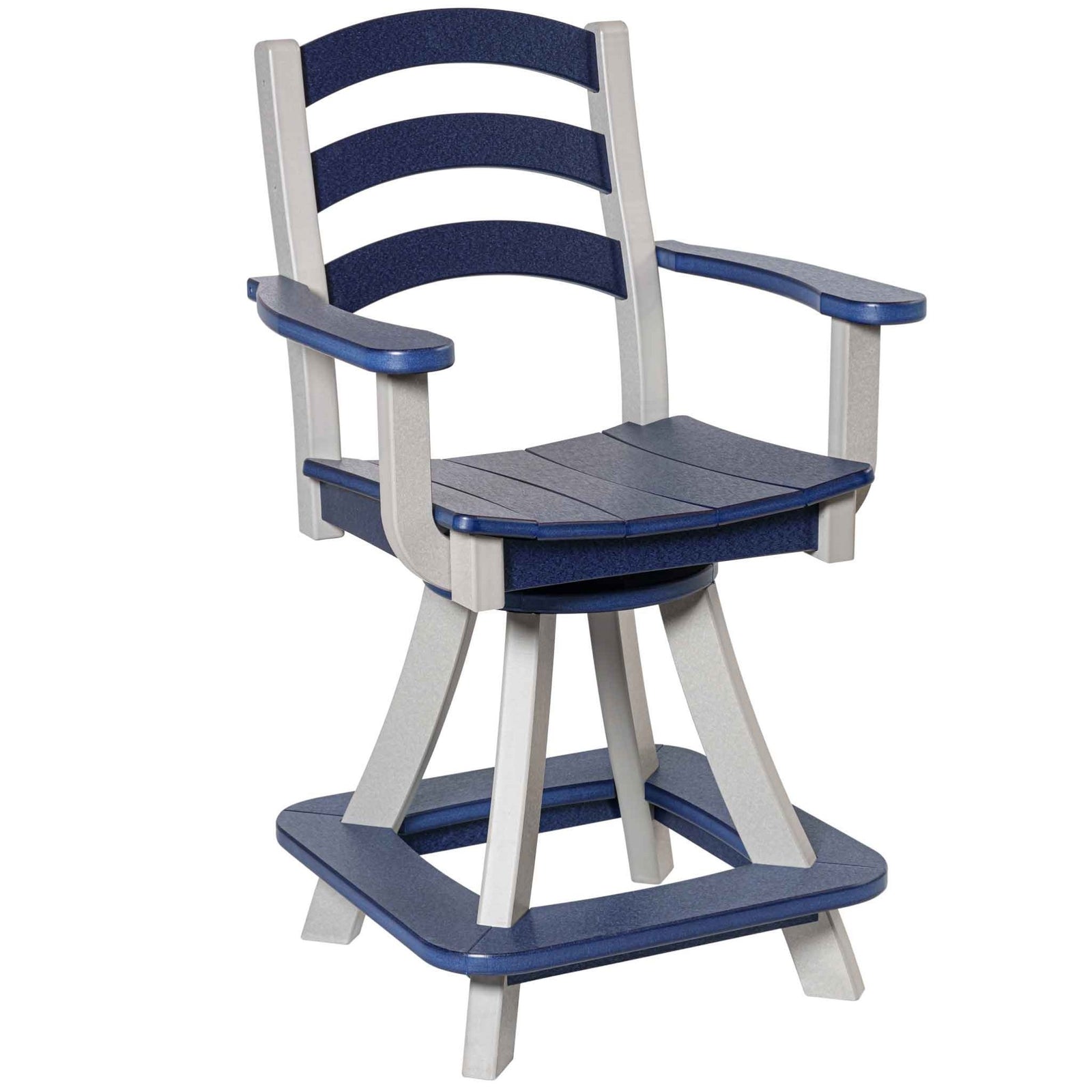 Amish Poly Patio Long Beach Counter Swivel Chair with Arms shown in the back patio of a traditional colonial home