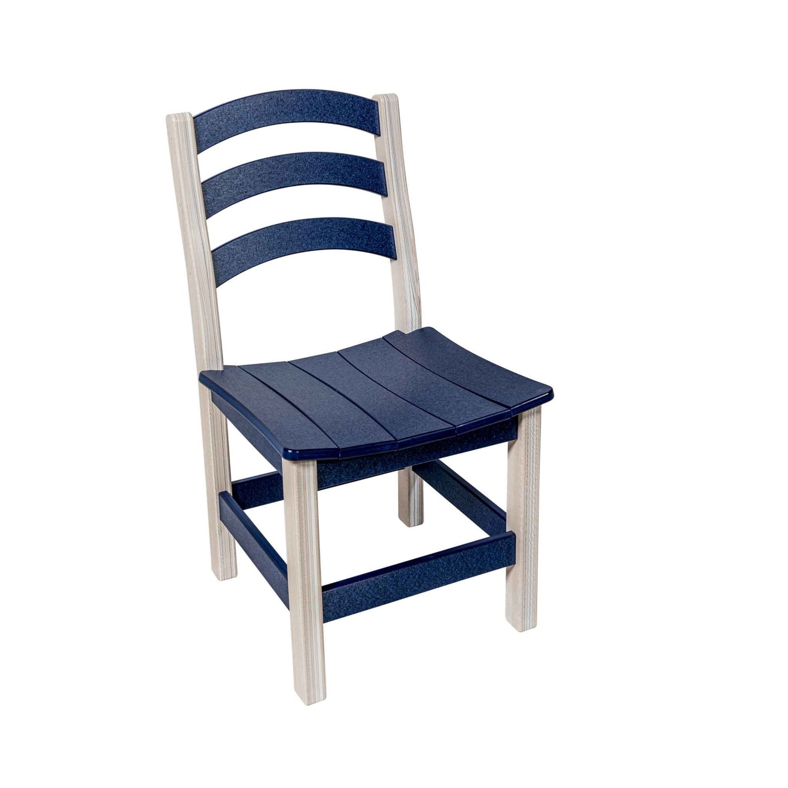 Cedar and black poly ladder back dining chairs around a long outdoor table on a stone patio
