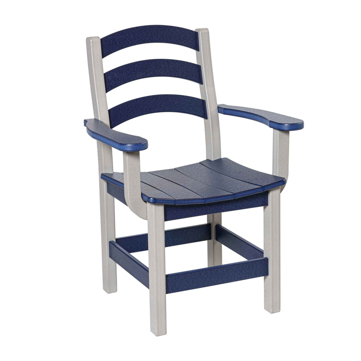 Navy and gray poly dining arm chair with curved ladder back slats, wide arms and a scooped seat