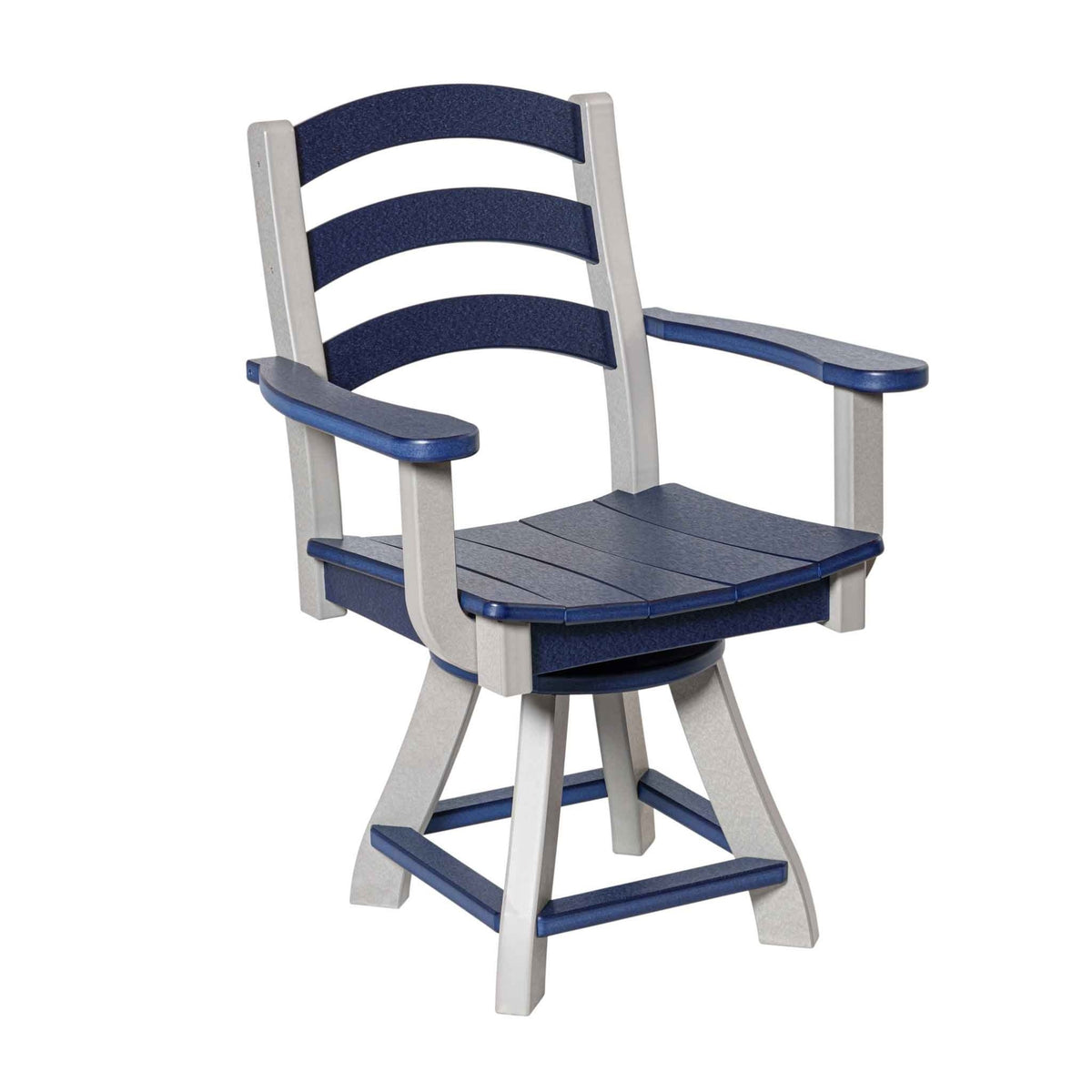 Navy and gray swivel dining chair with arms, ladder back slats and a flared four leg swivel base