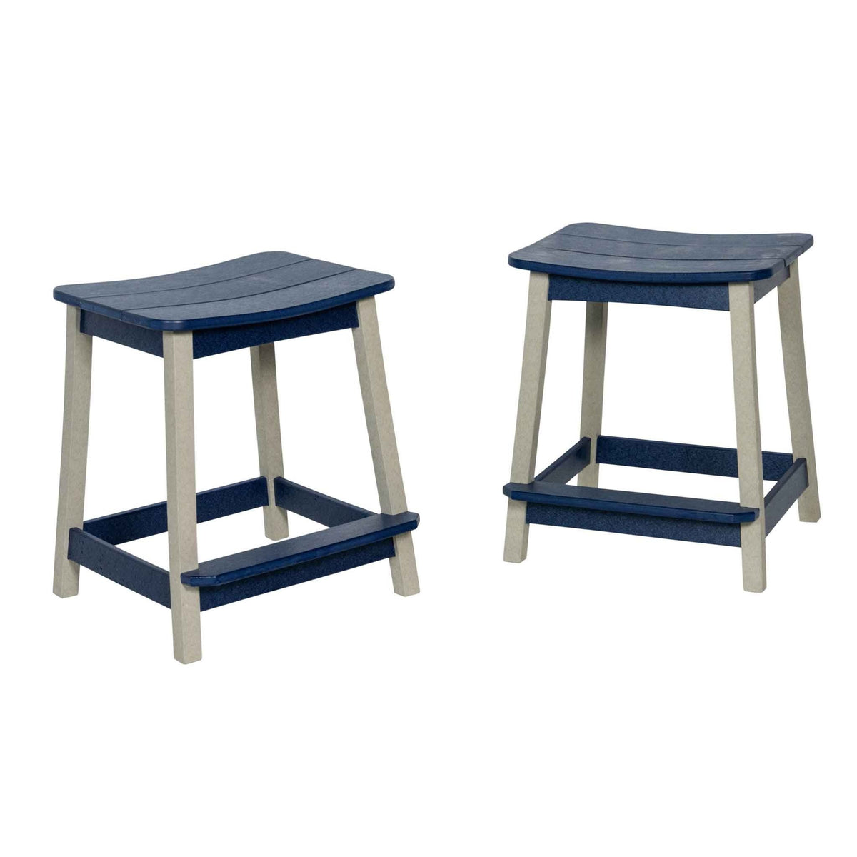Pair of navy and gray backless saddle seat poly stools with angled legs and footrest rails