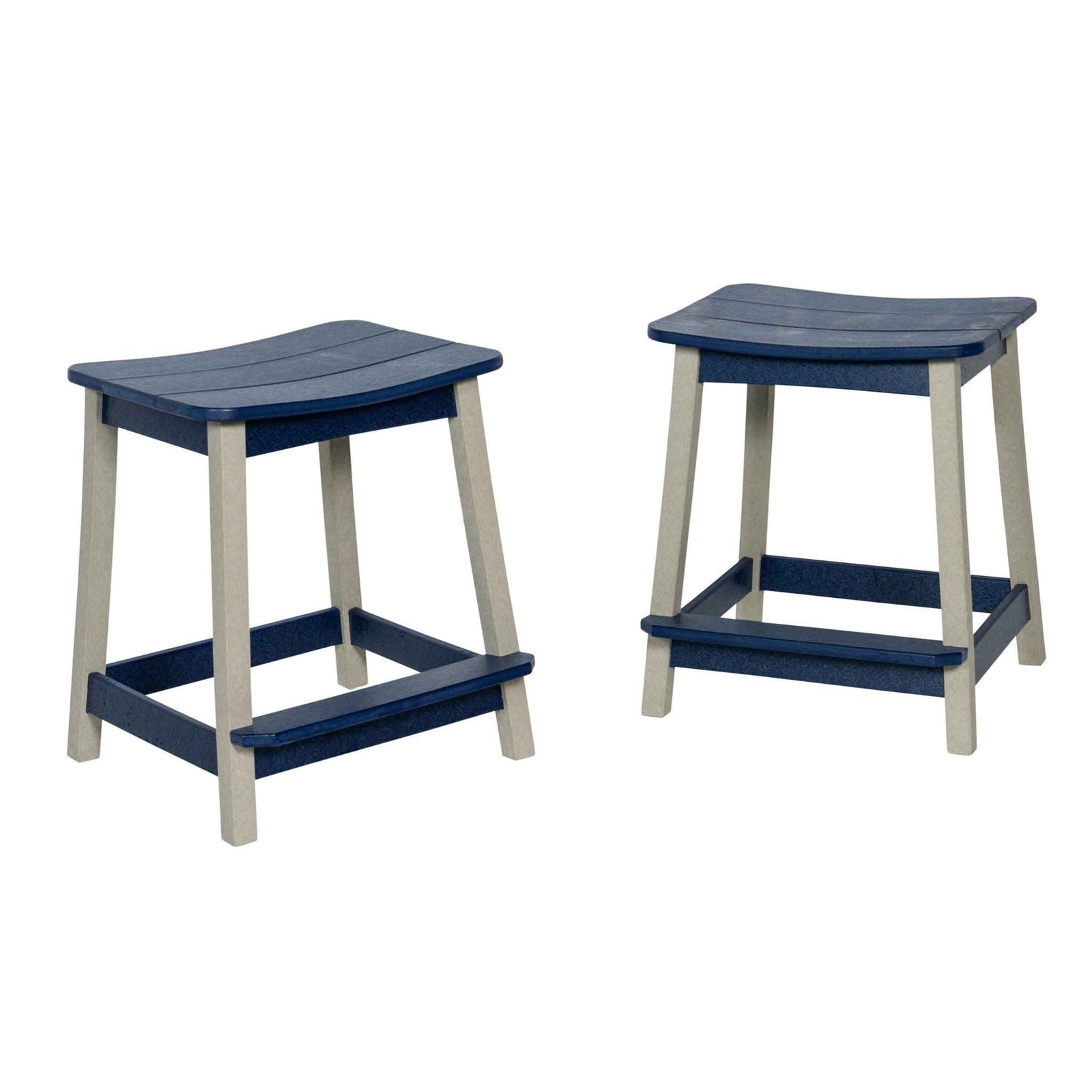 Two navy and gray saddle seat counter stools in recycled poly with splayed legs and foot rails