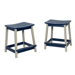 Two navy and gray saddle seat counter stools in recycled poly with splayed legs and foot rails