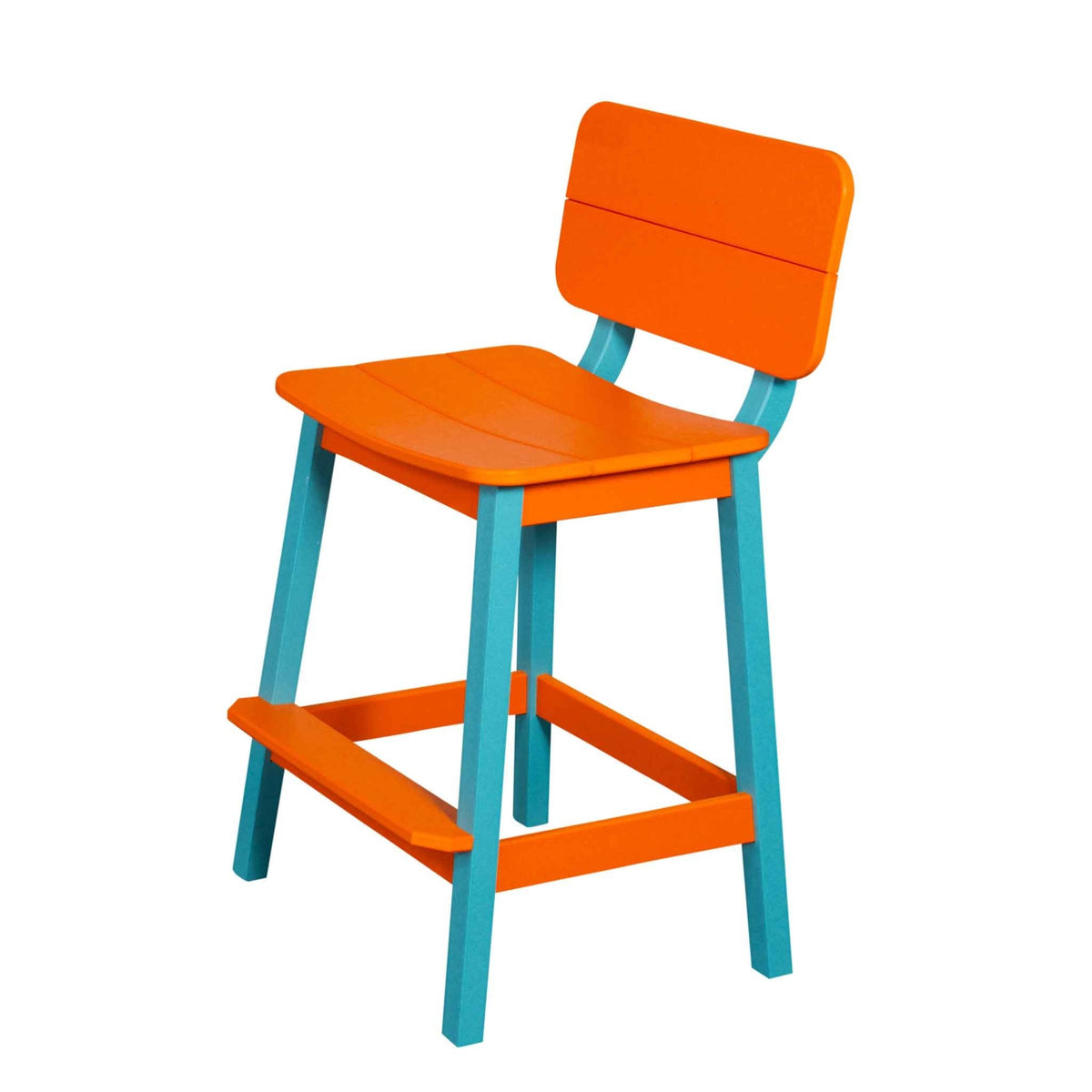 Orange and turquoise saddle counter stool with a rounded back panel and two level footrest on white