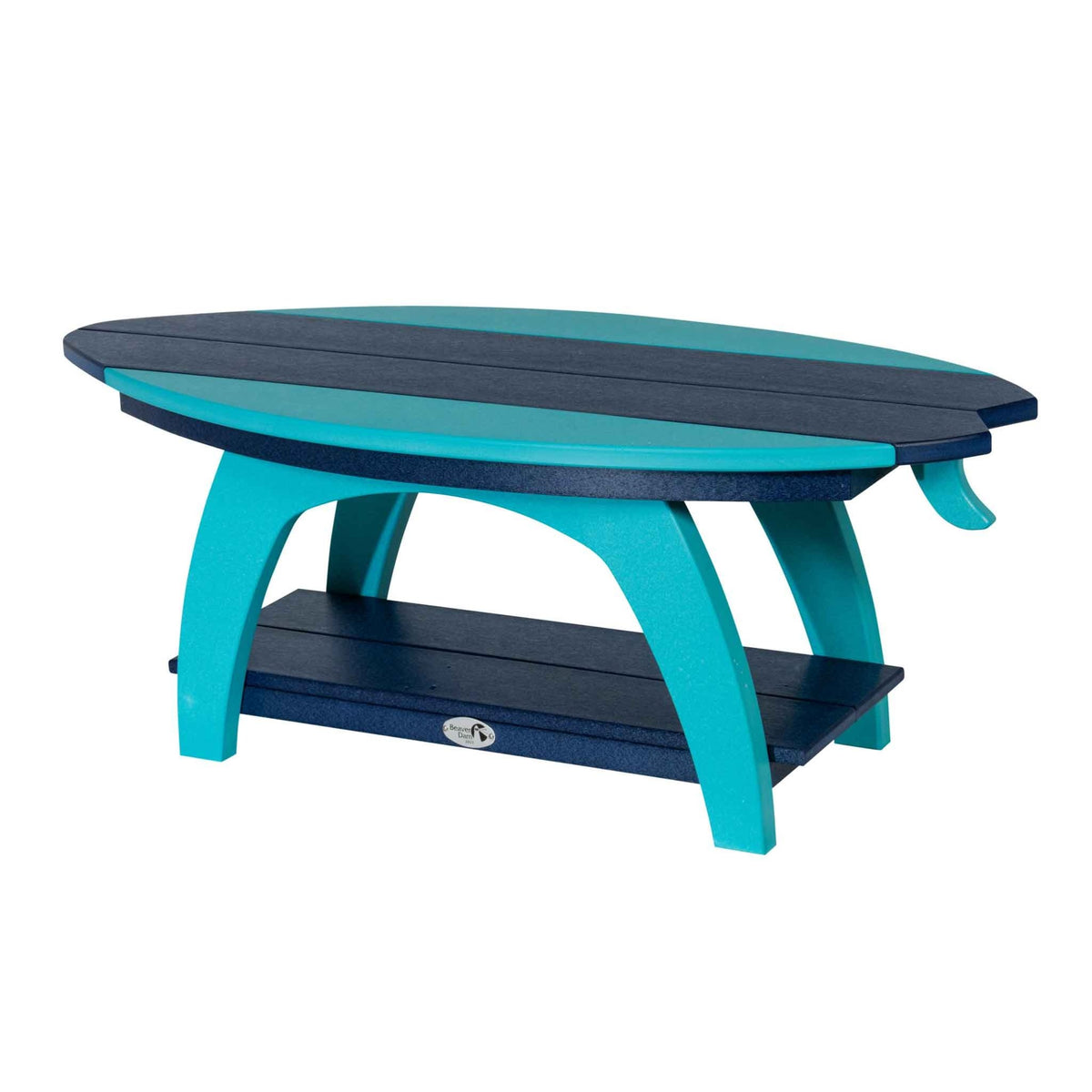 Navy and turquoise surfboard coffee table with a fin detail, curved legs and a bottom shelf