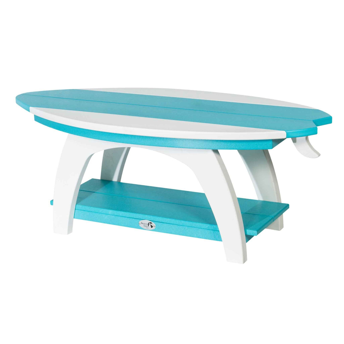 Turquoise and white surfboard shaped coffee table with a fin tail, arched legs and lower shelf