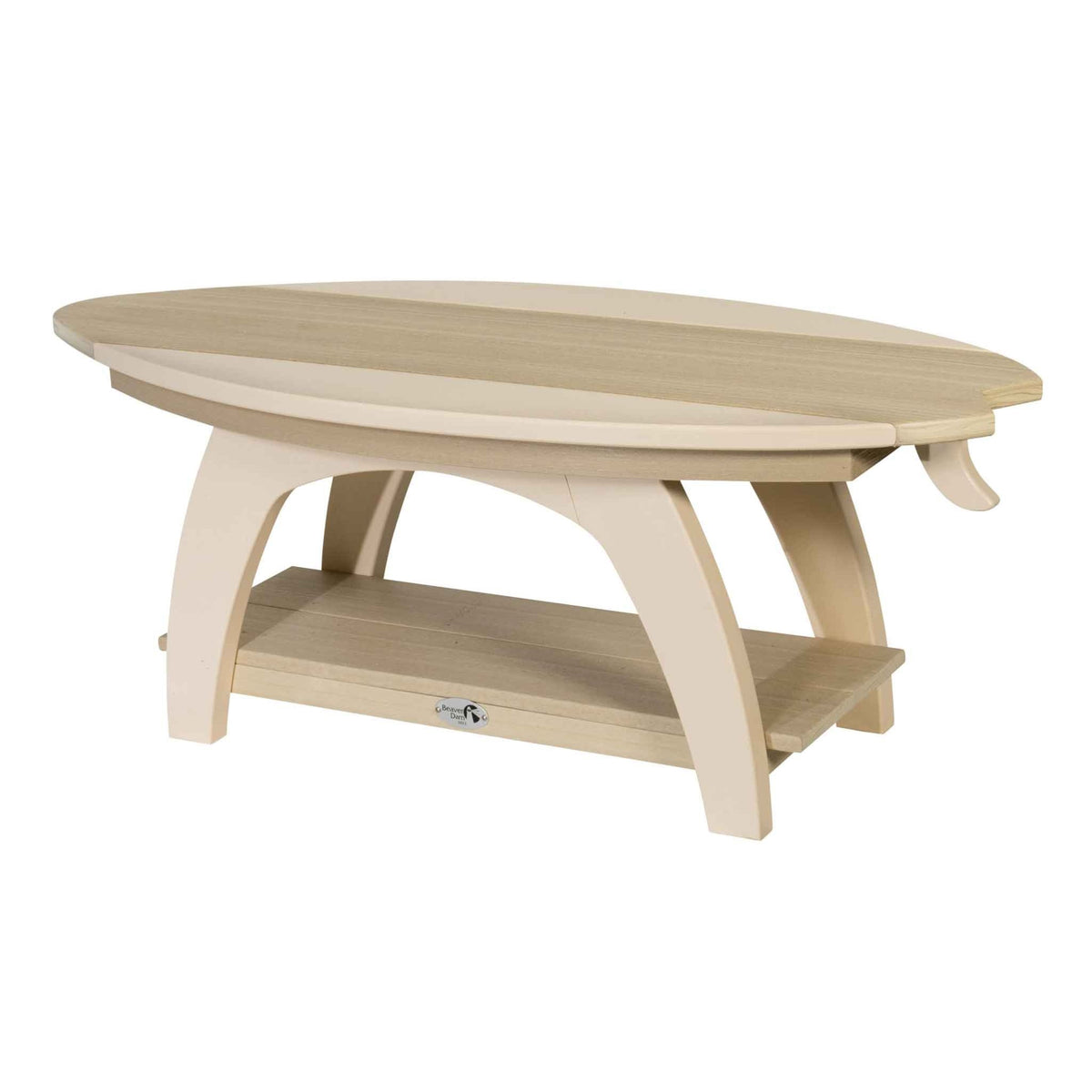 Birch and tan surfboard shaped outdoor coffee table with curved legs and a slatted lower shelf