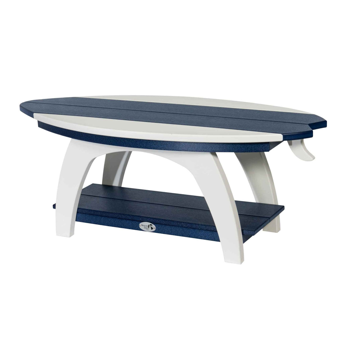 Navy and white surfboard shaped patio coffee table with a fin end, curved legs and lower shelf