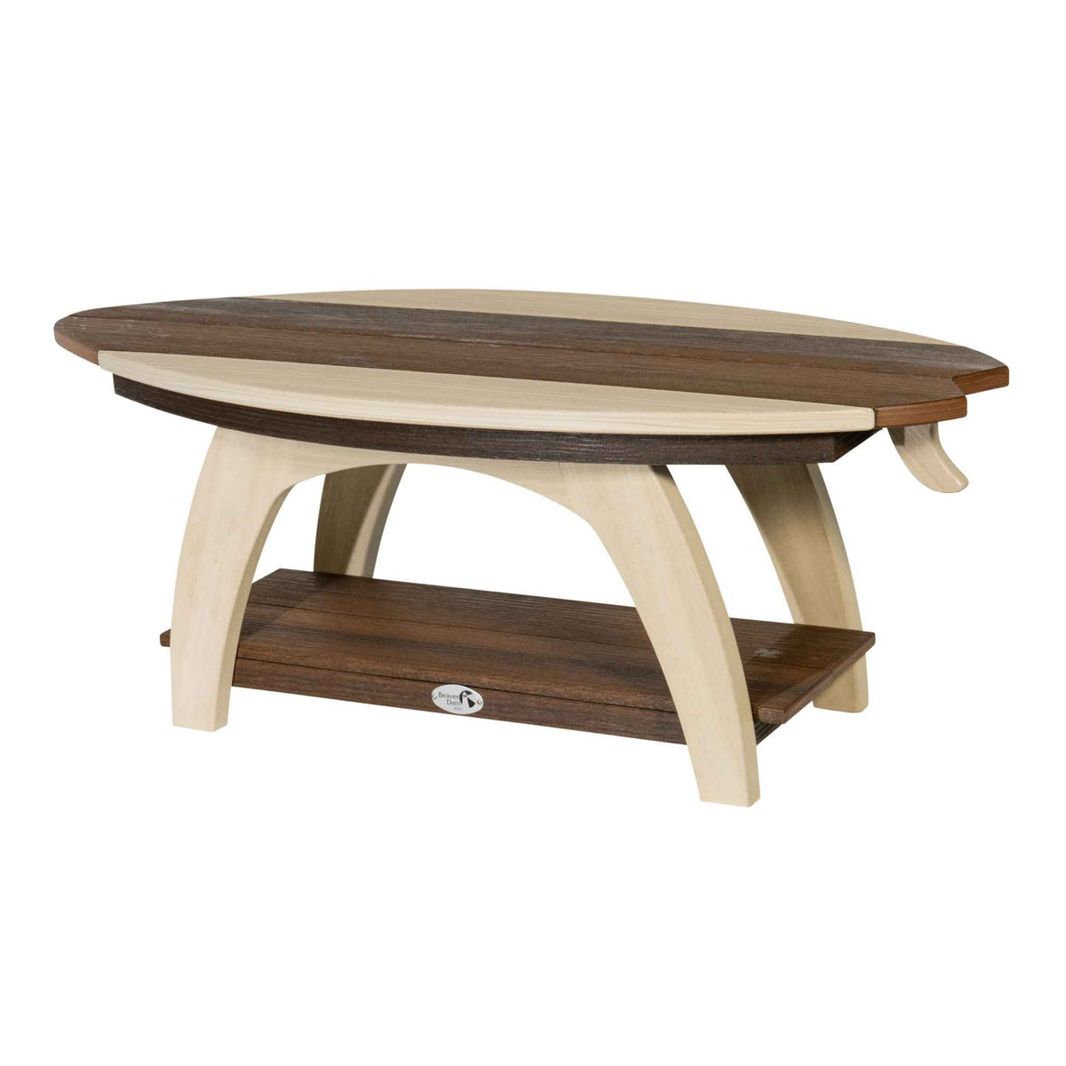 Brown and birch surfboard shaped coffee table with arched poly legs and a lower storage shelf